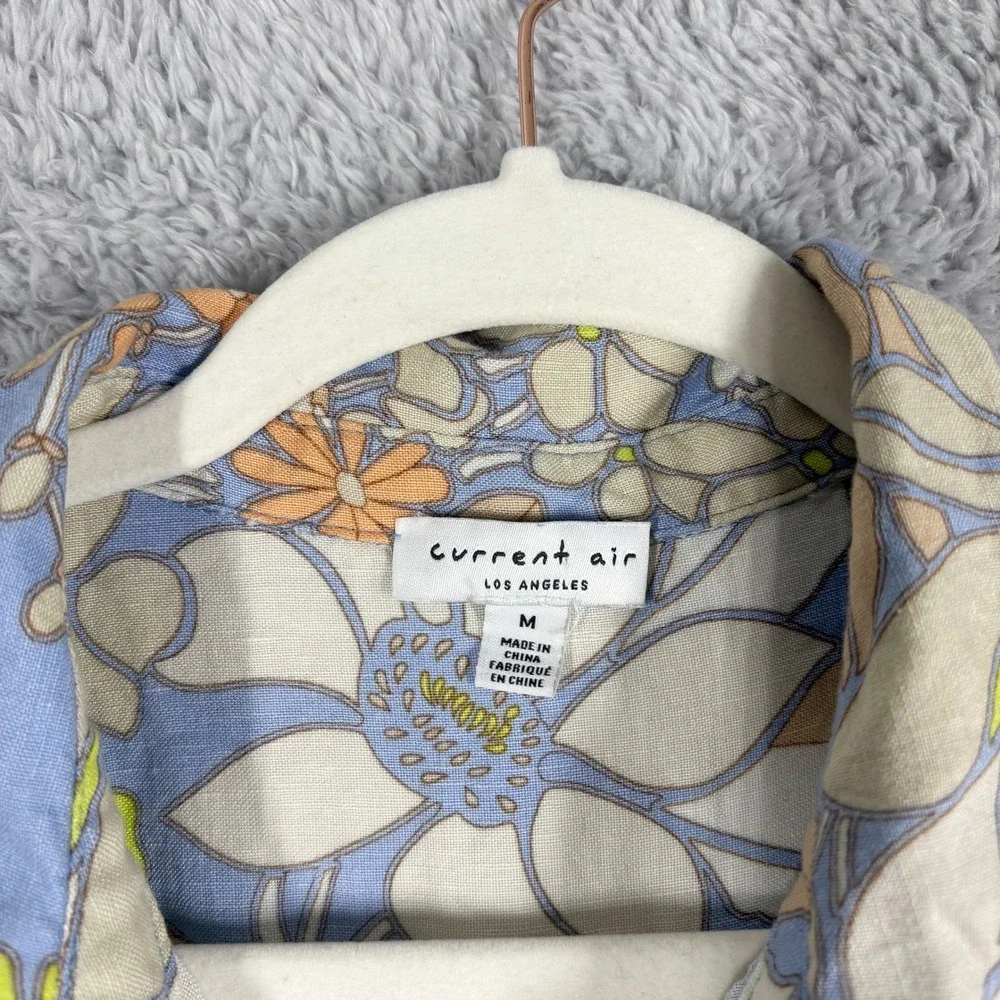 Current Air Floral Print Linen Blend Utility‎ Jumpsuit Size M Blue Yellow Belt